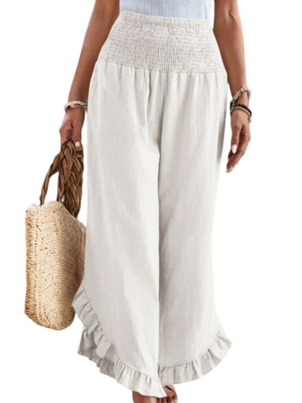 Excellent Condition, Cotton Blend, Lettuce Hem Palazzo Pants, White